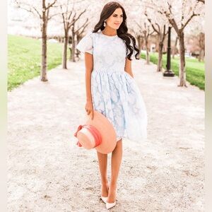 Light Blue Floral Short Sleeve Fit-and-Flare Dress